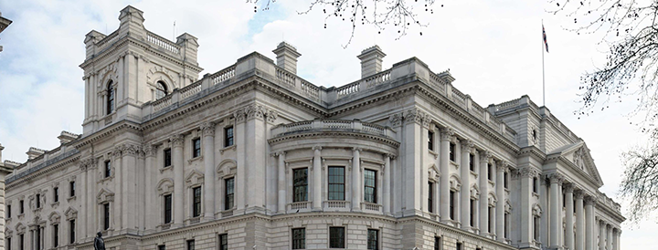 The front of a white stone building