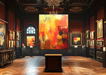 An art gallery with dark lighting