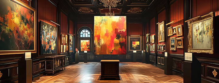 An art gallery with dark lighting